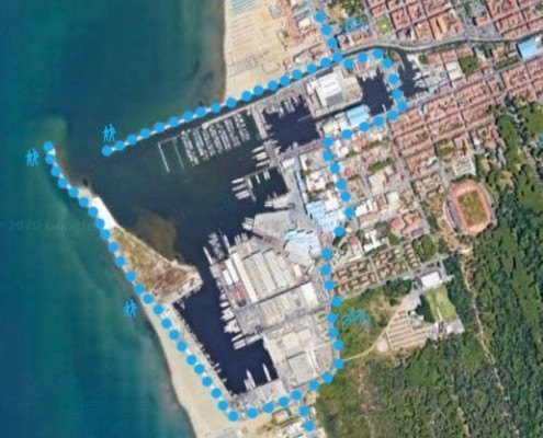 mappa per una passeggiata intorno al Porto di Viareggio e fino al muraglione
