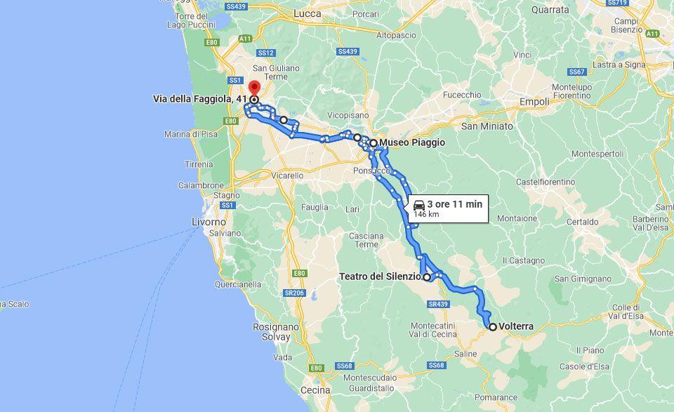 la mappa per un tour in Vespa da Pisa a Volterra