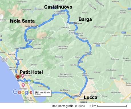 la mappa per un itinerario da Petit Hotel a Isola Santa Barga e Lucca