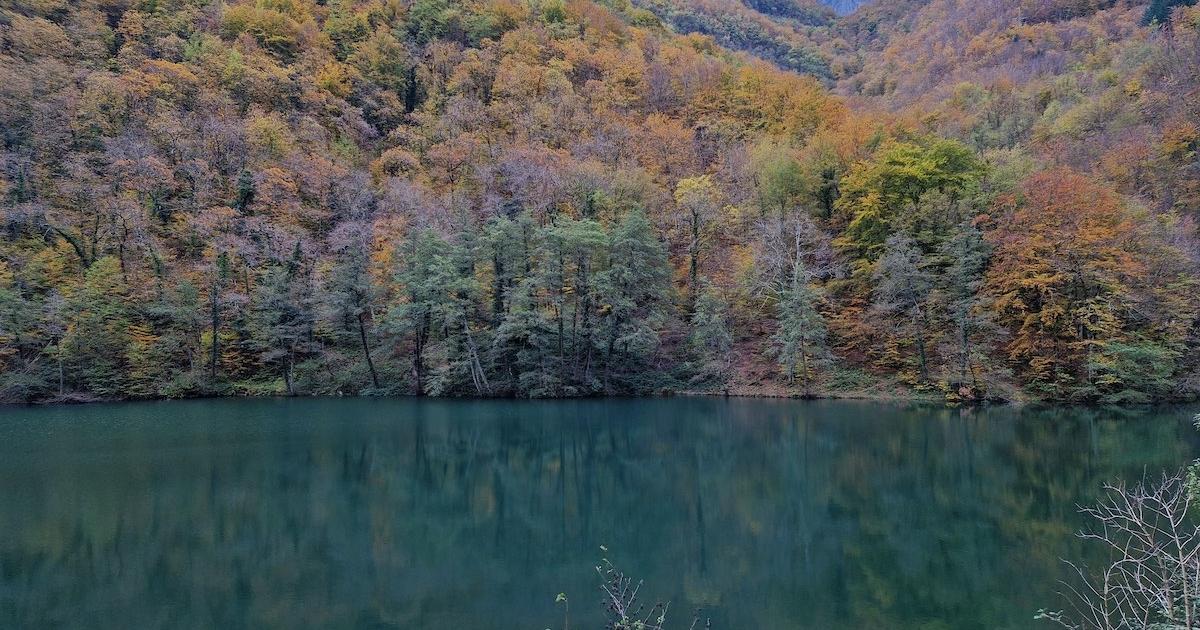 una vista sul lago di isolasanta e sui boschi con i tipici colori autunnali
