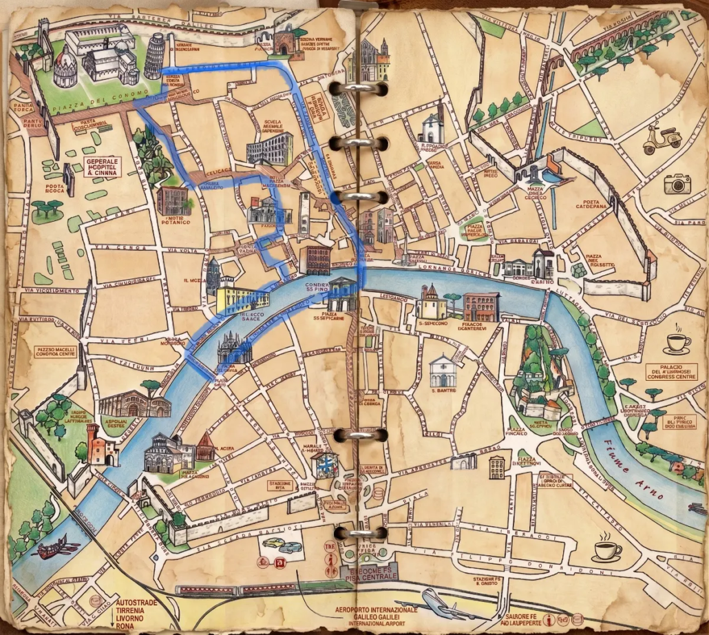 mappa di pisa e del percorso da fare a piedi acquarellata TIPO